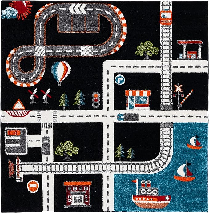 Safavieh Carousel Kids Collection 5'3" Square Black/Ivory CRK192Z Neighborhood Non-Shedding Nursery Playroom Area Rug