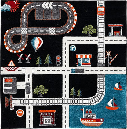 SAFAVIEH Carousel Kids Collection 6'7" Square Black/Ivory CRK192Z Neighborhood Road Non-Shedding Playroom Nursery Bedroom Area Rug