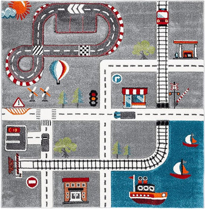 SAFAVIEH Carousel Kids Collection Area Rug - 4' Square, Grey & Ivory, Non-Shedding & Easy Care, Ideal for High Traffic Areas for Boys & Girls in Playroom, Nursery, Bedroom (CRK192F)