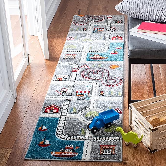 SAFAVIEH Carousel Kids Collection Runner Rug - 2' x 8', Grey & Ivory, Non-Shedding & Easy Care, Ideal for High Traffic Areas for Boys & Girls in Playroom, Nursery, Bedroom (CRK192F)
