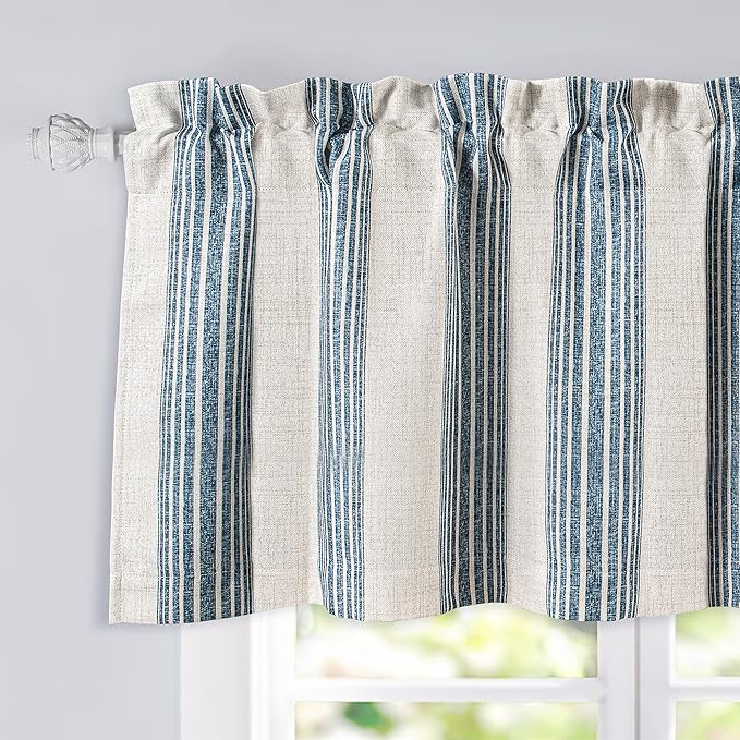 DriftAway Chris Linen Lined Valance Double Layer Thermal Insulated Room Darkening Blackout Valances 3 Inch Rod Pocket Vertical Striped Kitchen Valance for Bathroom 52 Inch by 24 Inch Jean Navy