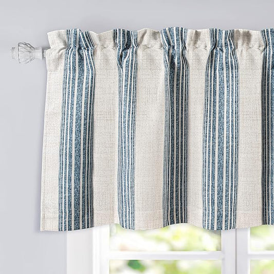 DriftAway Chris Linen Lined Valance Double Layer Thermal Insulated Room Darkening Blackout Valances 3 Inch Rod Pocket Vertical Striped Kitchen Valance for Bathroom 52 Inch by 24 Inch Jean Navy