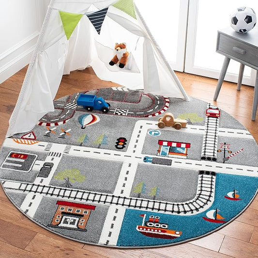 SAFAVIEH Carousel Kids Collection 5'3" Round Grey/Ivory CRK192F Neighborhood Non-Shedding Playroom Nursery Bedroom Area Rug