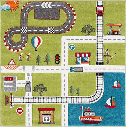 SAFAVIEH Carousel Kids Collection 5'3" Square Green / Ivory CRK192Y Neighborhood Nursery Playroom Area Rug