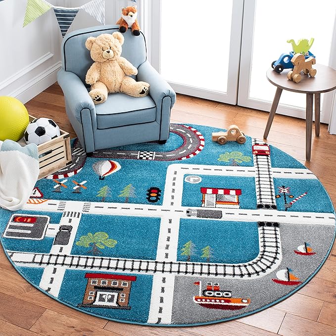 SAFAVIEH Carousel Kids Collection 4' Round Turquoise/Ivory CRK192K Neighborhood Road Non-Shedding Playroom Nursery Bedroom Area Rug