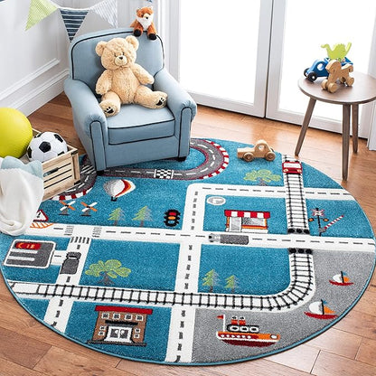 SAFAVIEH Carousel Kids Collection 3' Round Turquoise/Ivory CRK192K Neighborhood Road Non-Shedding Playroom Nursery Bedroom Area Rug