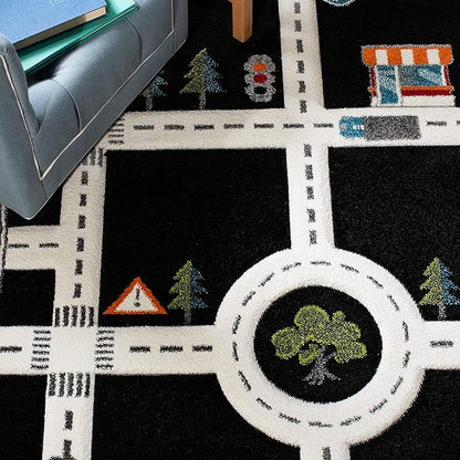 SAFAVIEH Carousel Kids Collection Area Rug - 8' x 10', Black & Ivory, Neighborhood Design, Non-Shedding & Easy Care, Ideal for High Traffic Areas for Boys & Girls in Playroom, Bedroom (CRK192Z)
