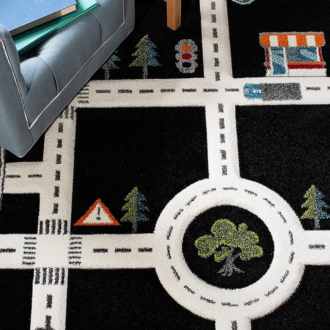 SAFAVIEH Carousel Kids Collection Runner Rug - 2' x 8', Black & Ivory, Non-Shedding & Easy Care, Ideal for High Traffic Areas for Boys & Girls in Playroom, Nursery, Bedroom (CRK192Z)