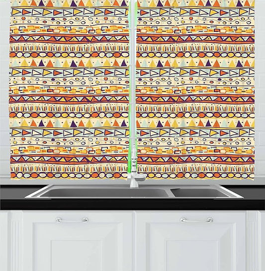 Ambesonne Prehistoric Kitchen Curtains, Mexican Style Doodles with Triangles Circles Folkloric Geometric Tribal, Window Drapes 2 Panel Set for Kitchen Cafe Decor, 55" x 30", Pastel Yellow