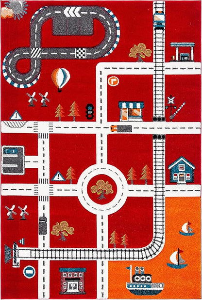 SAFAVIEH Carousel Kids Collection Area Rug - 6'7" x 9', Red & Ivory, Neighborhood Design, Non-Shedding & Easy Care, Ideal for High Traffic Areas for Boys & Girls in Playroom, Bedroom (CRK192Q)