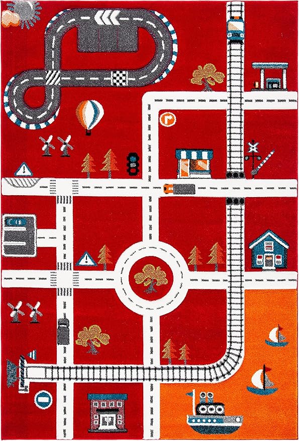 SAFAVIEH Carousel Kids Collection Accent Rug - 2' x 3', Red & Ivory, Neighborhood Design, Non-Shedding & Easy Care, Ideal for High Traffic Areas for Boys & Girls in Playroom, Bedroom (CRK192Q)