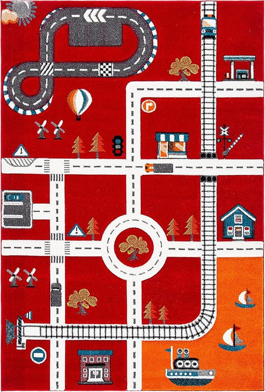 SAFAVIEH Carousel Kids Collection Accent Rug - 2' x 3', Red & Ivory, Neighborhood Design, Non-Shedding & Easy Care, Ideal for High Traffic Areas for Boys & Girls in Playroom, Bedroom (CRK192Q)