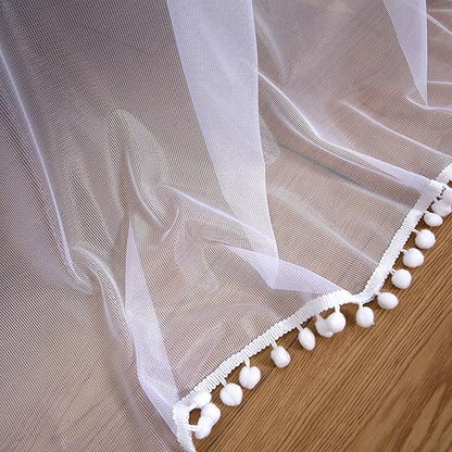 Akiky Pom Pom Canopy Bed Curtains Princess Bed Canopy Scarf for Full/Queen Metal Bed Frame,Wood Frame Bed-2 Panel Sheer Canopy Curtain(White)