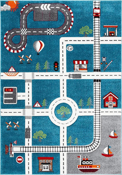 SAFAVIEH Carousel Kids Collection Accent Rug - 2' x 3', Turquoise & Ivory, Non-Shedding & Easy Care, Ideal for High Traffic Areas for Boys & Girls in Playroom, Nursery, Bedroom (CRK192K)