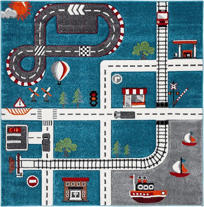 Safavieh Carousel Kids Collection 5'3" Square Turquoise/Ivory CRK192K Neighborhood Non-Shedding Nursery Playroom Area Rug