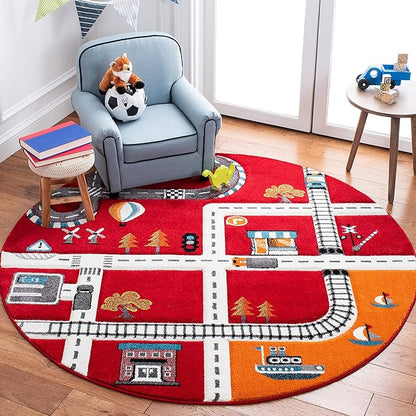 SAFAVIEH Carousel Kids Collection Area Rug - 5'3" Round, Red & Ivory, Neighborhood Design, Non-Shedding & Easy Care, Ideal for High Traffic Areas for Boys & Girls in Playroom, Bedroom (CRK192Q)