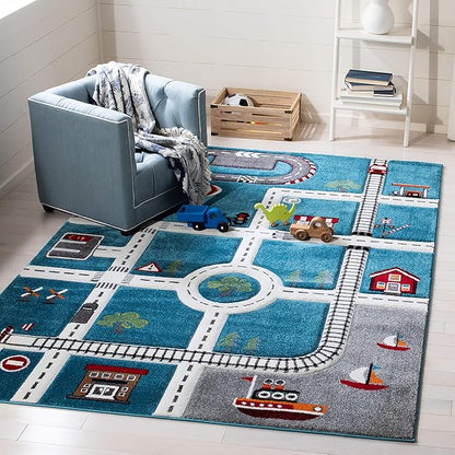 Safavieh Carousel Kids Collection 5'3" Square Turquoise/Ivory CRK192K Neighborhood Non-Shedding Nursery Playroom Area Rug