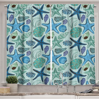Ambesonne Starfish Long, Aquarium Inspired Composition Tropical Seashells and Scallops Cockles and Clams, Two Panels Drapes with Rod Pocket Room Decor, 55" x 45", Blue Seafoam