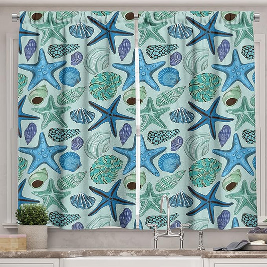Ambesonne Starfish Long, Aquarium Inspired Composition Tropical Seashells and Scallops Cockles and Clams, Two Panels Drapes with Rod Pocket Room Decor, 55" x 45", Blue Seafoam