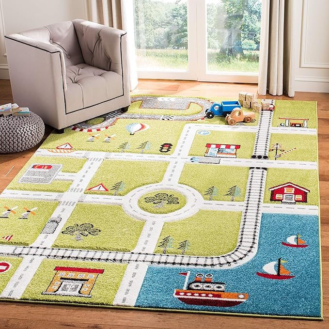SAFAVIEH Carousel Kids Collection 6'7" x 9' Green / Ivory CRK192Y Neighborhood Nursery Playroom Area Rug