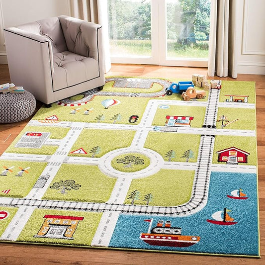 SAFAVIEH Carousel Kids Collection 6'7" x 9' Green / Ivory CRK192Y Neighborhood Nursery Playroom Area Rug