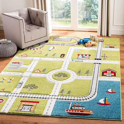 SAFAVIEH Carousel Kids Collection 4' x 6' Green / Ivory CRK192Y Neighborhood Nursery Playroom Area Rug