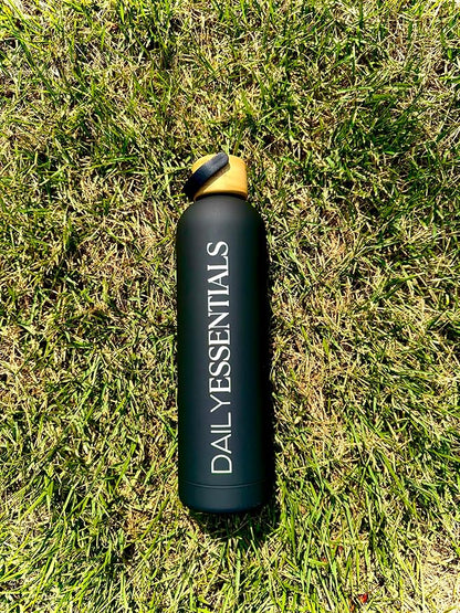 Daily Essentials Matte Black Stainless Steel Water Bottle With Bamboo Lid, 34 oz