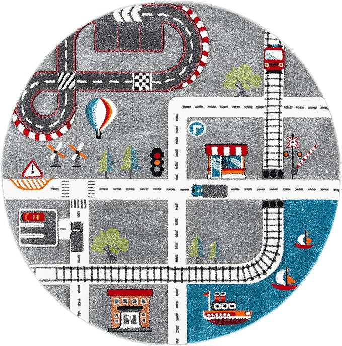 SAFAVIEH Carousel Kids Collection 5'3" Round Grey/Ivory CRK192F Neighborhood Non-Shedding Playroom Nursery Bedroom Area Rug