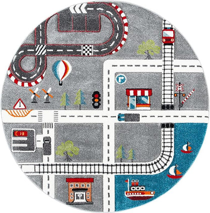 SAFAVIEH Carousel Kids Collection 5'3" Round Grey/Ivory CRK192F Neighborhood Non-Shedding Playroom Nursery Bedroom Area Rug