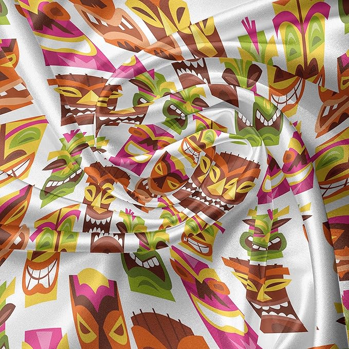 Ambesonne Tiki Bar Valance & Tier Curtain 3 pcs Set, Sixties Retro Inspired Hawaiian Party Happy Tiki Pattern Colorful, Window Treatments for Kitchen Room Decor, 55" x 45", White Brown