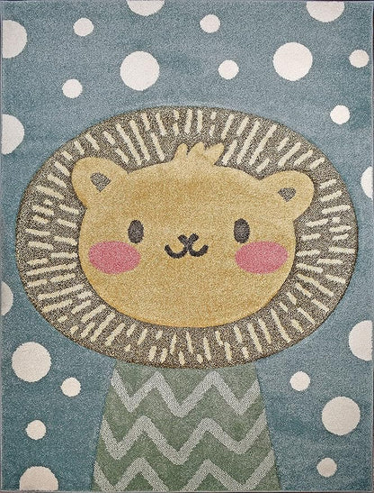 KC Cubs Boy & Girl Modern Decor Multicolor Area Rug and Carpet Collection for Kids, Toddlers and Baby Nursery, Animal Faces Blue Lion