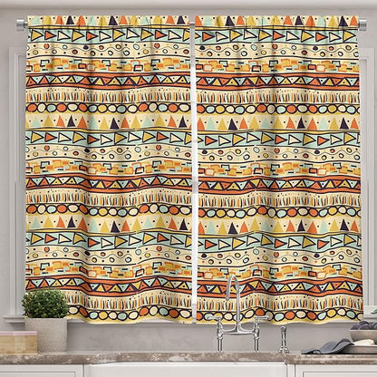 Ambesonne Prehistoric Long Kitchen Curtains, Mexican Style Doodles with Triangles Circles Folkloric Geometric Tribal, Two Panels Drapes with Rod Pocket Room Decor, 55" x 45", Pastel Yellow
